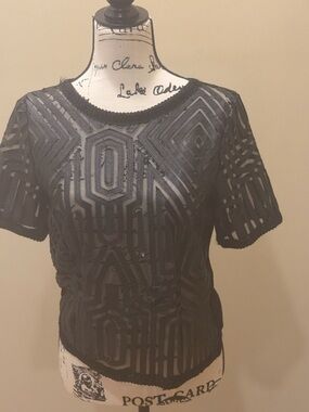 Lucy Paris Black Sheer Geometric Top Large Short Sleeve Chic Statement Blouse